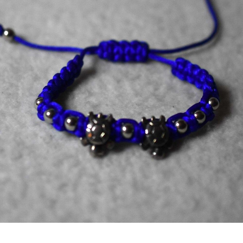 NWOT Blue Braided Nylon Cord Silver Tone Turtles/Beads 6"-8" Unisex Bracelet